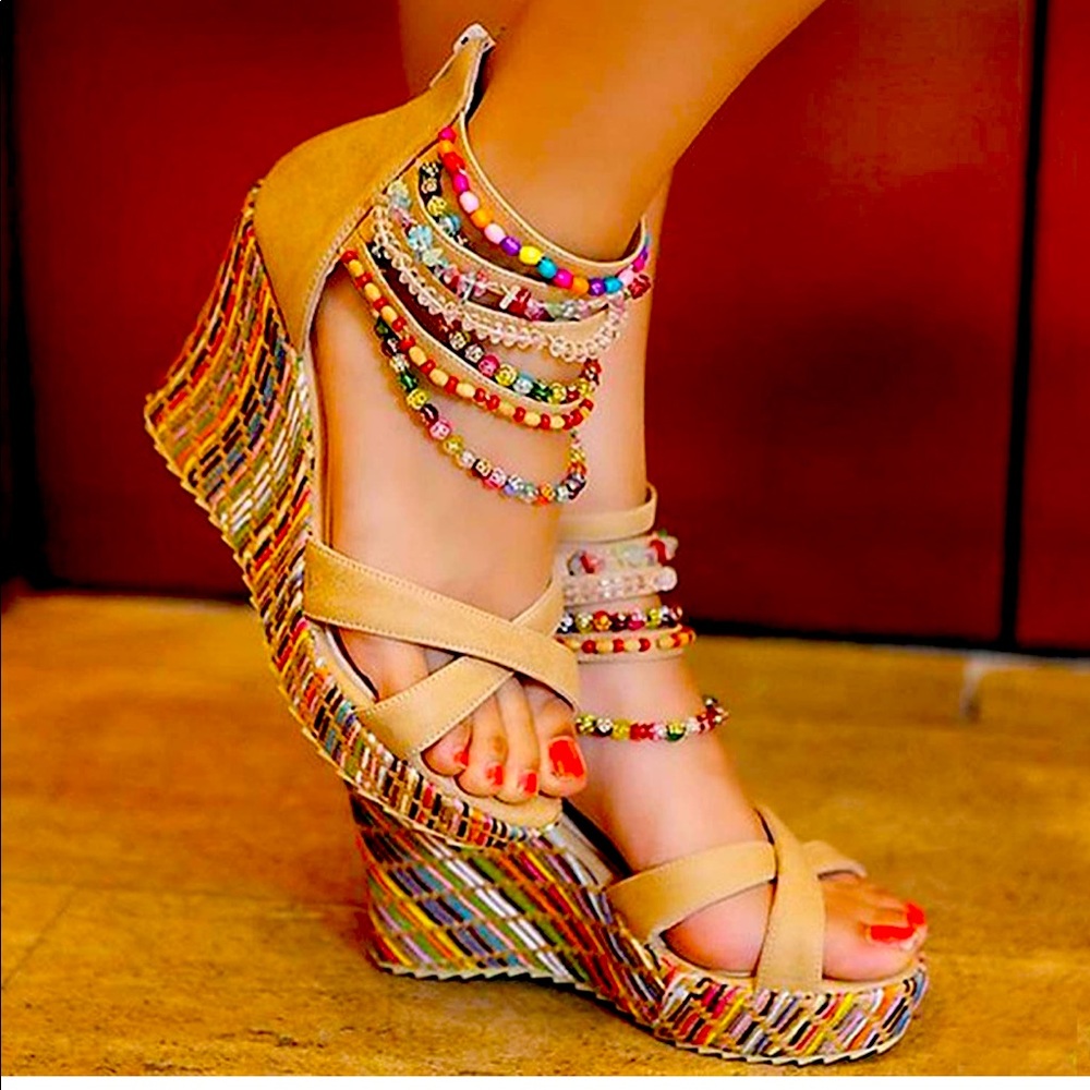 Wedge Sandals with Pearls and Beads - NWOT